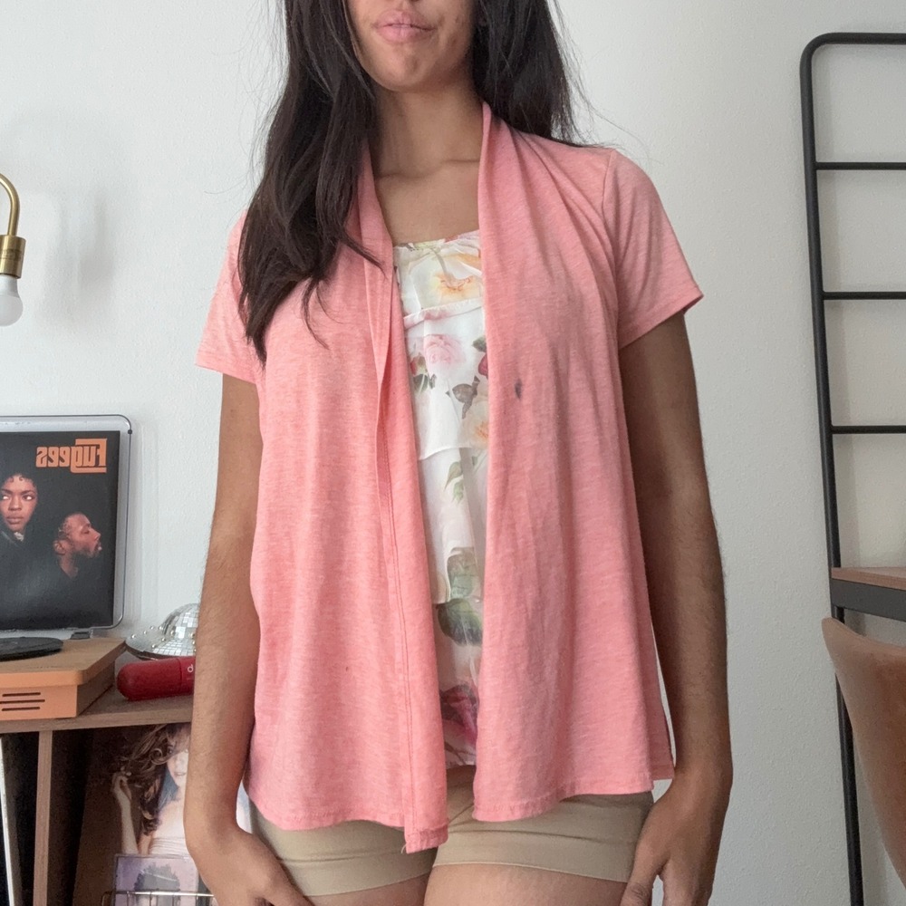 Espresso Coral Pink Layered Floral Tiered Ruffle Top Short Sleeve Cardigan L